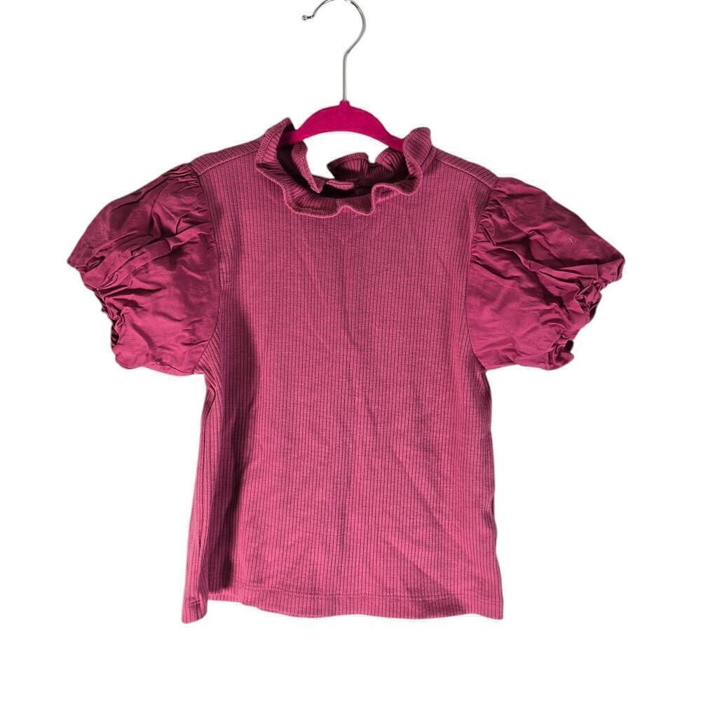 Janie and Jack Girl Ruffle Neck Ribbed Knit Bubble Sleeve Top Pink Violet Size 8